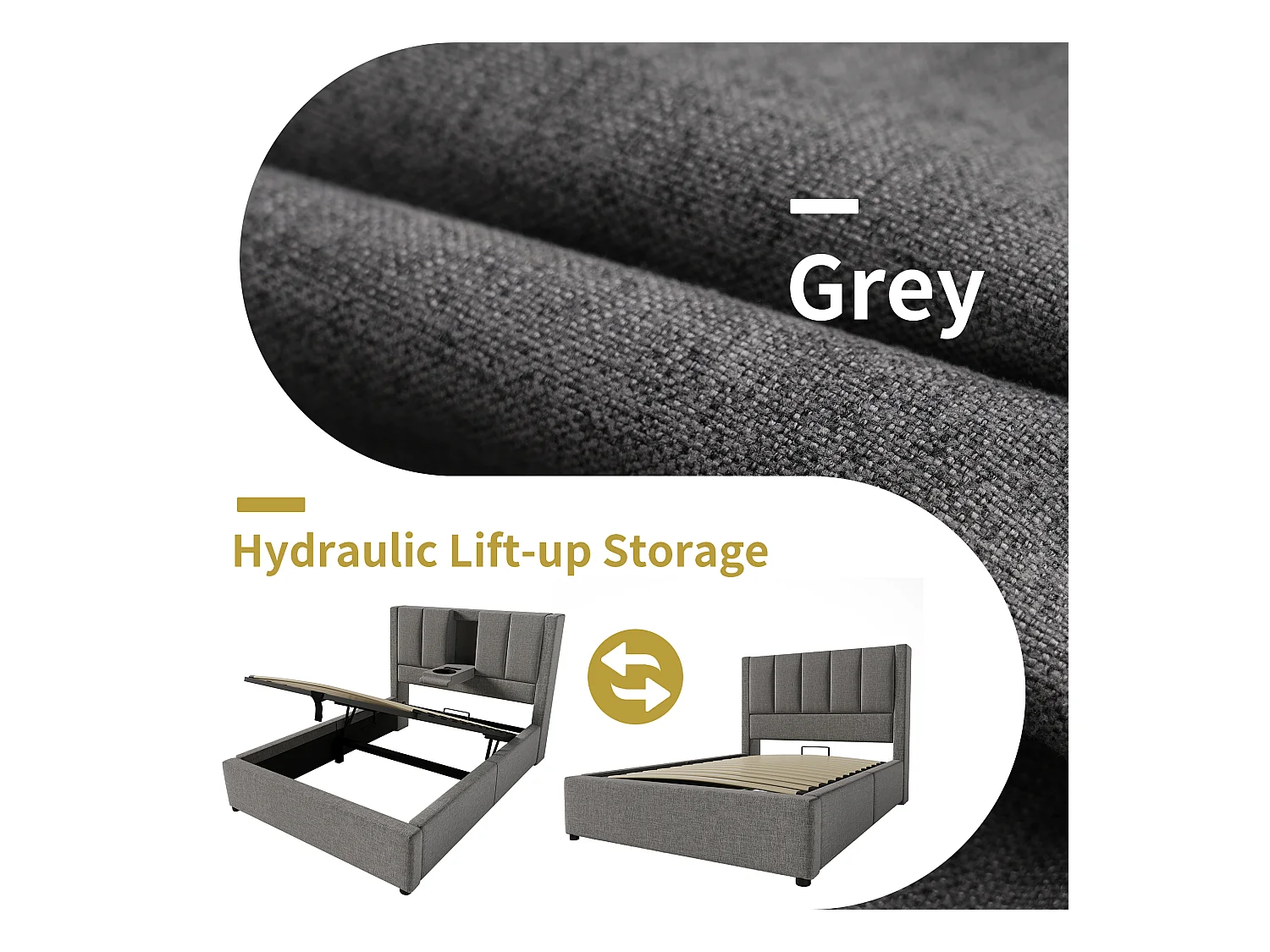 Gestoft opbergbed 90x200cm - met verborgen bekerhouder - met USB- en Type-C-poorten - met lattenbodem - Linnen - Grijs (zonder matras)