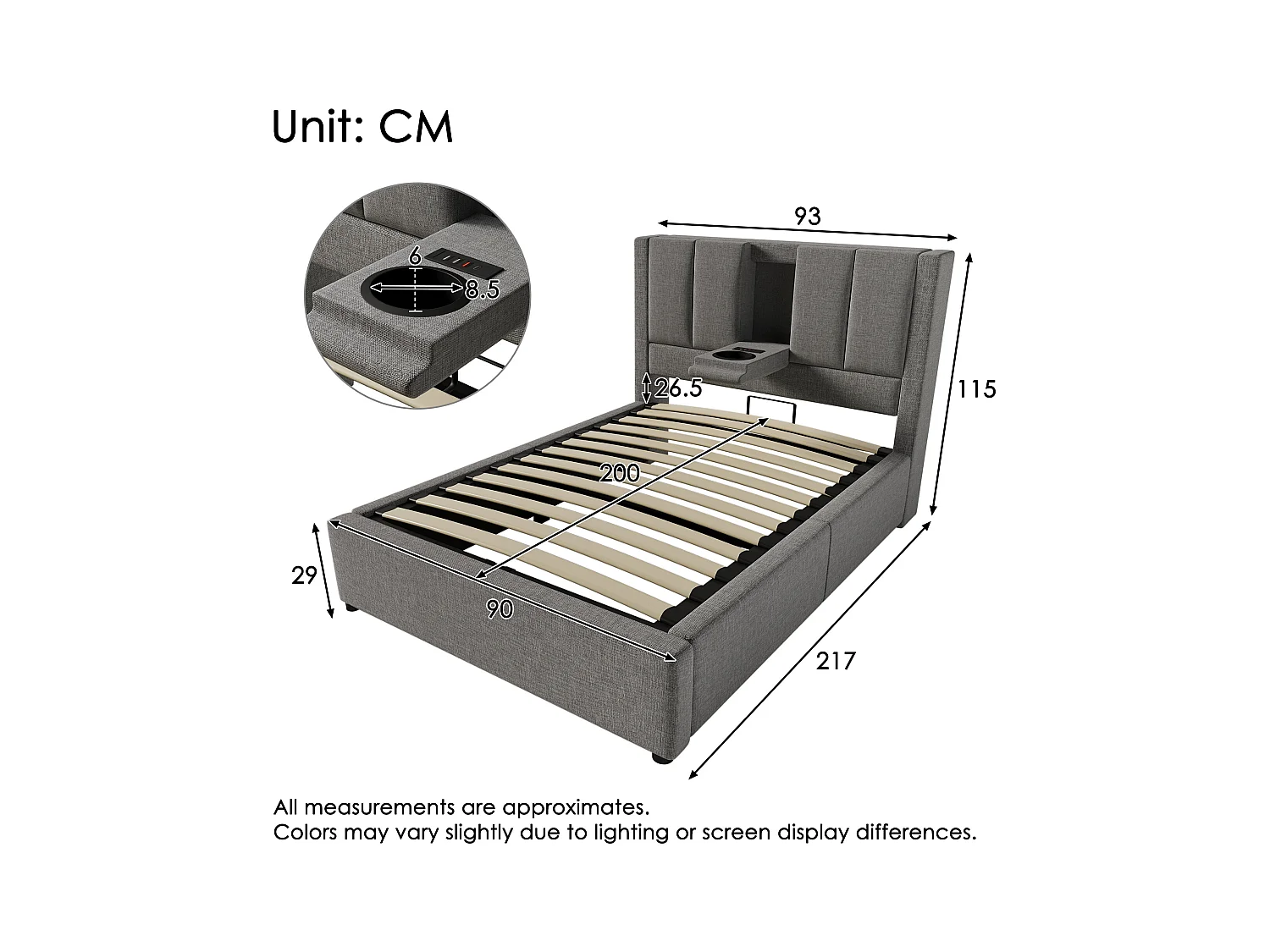 Gestoft opbergbed 90x200cm - met verborgen bekerhouder - met USB- en Type-C-poorten - met lattenbodem - Linnen - Grijs (zonder matras)