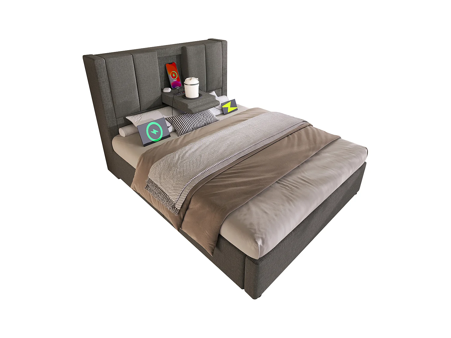 Gestoft opbergbed 90x200cm - met verborgen bekerhouder - met USB- en Type-C-poorten - met lattenbodem - Linnen - Grijs (zonder matras)