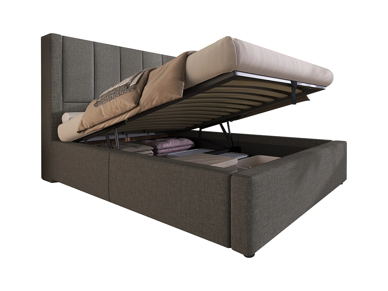 Gestoft opbergbed 90x200cm - met verborgen bekerhouder - met USB- en Type-C-poorten - met lattenbodem - Linnen - Grijs (zonder matras)