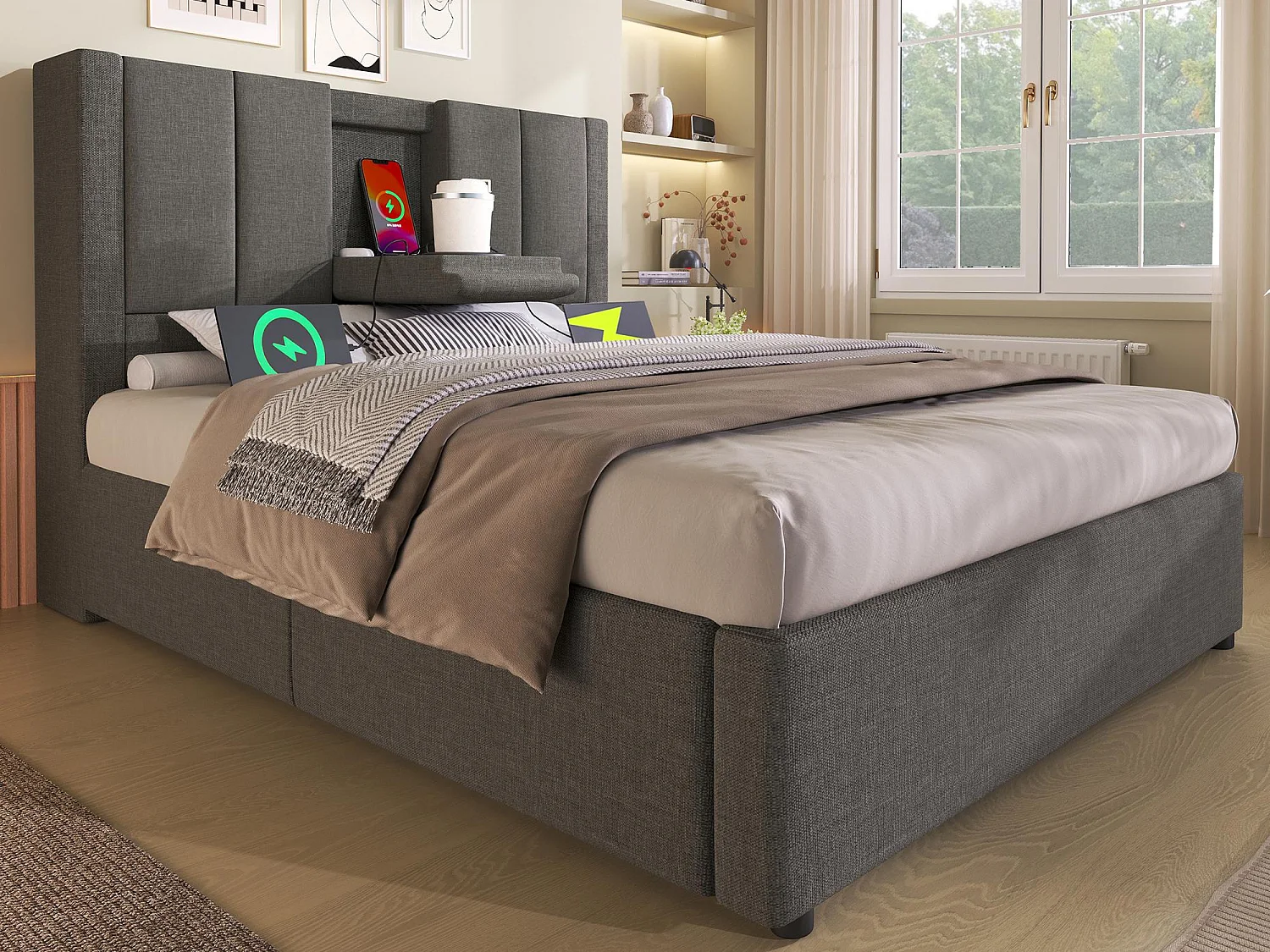 Lit coffre rembourré 90x200cm - avec porte-gobelet caché  - avec ports USB et Type-C - avec sommier à lattes - Lin - Gris (sans matelas)