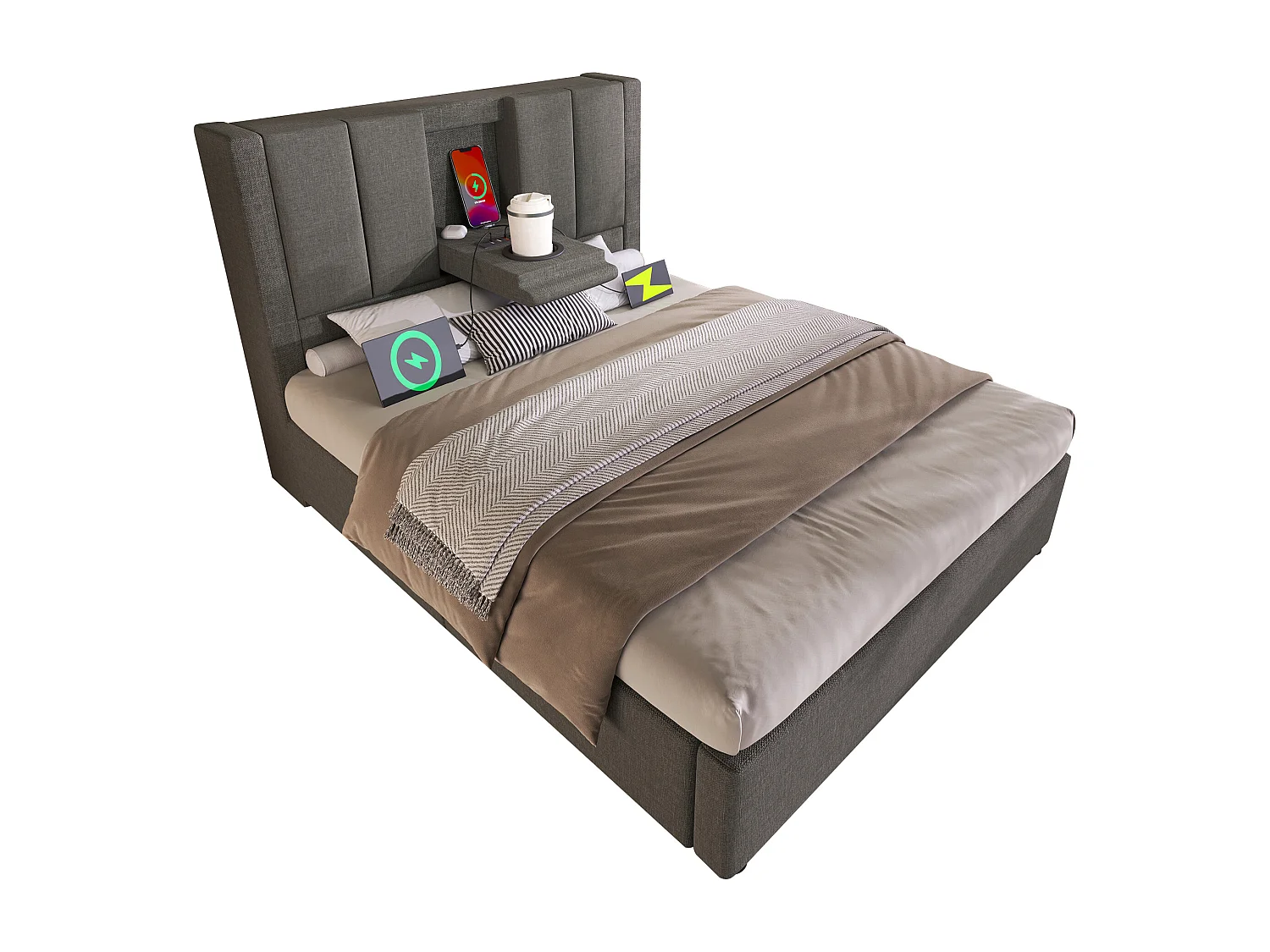 Lit coffre rembourré 90x200cm - avec porte-gobelet caché  - avec ports USB et Type-C - avec sommier à lattes - Lin - Gris (sans matelas)
