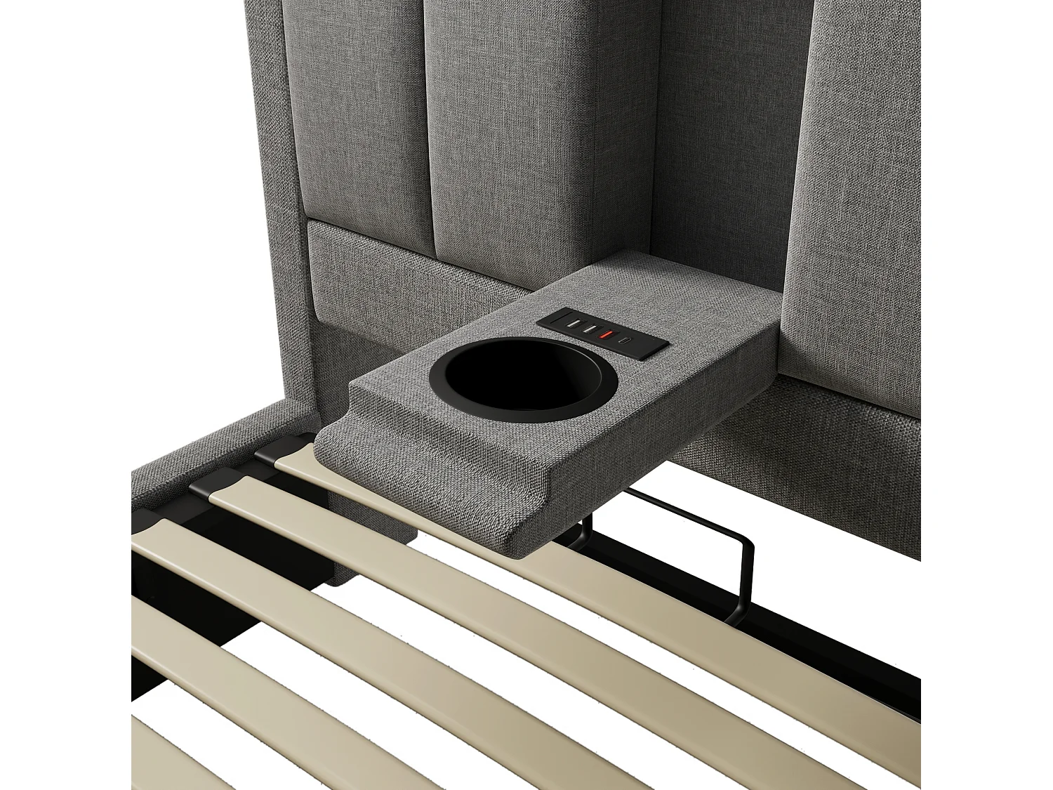 Lit coffre rembourré 90x200cm - avec porte-gobelet caché  - avec ports USB et Type-C - avec sommier à lattes - Lin - Gris (sans matelas)