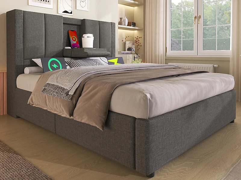 Cama estofada com armazenamento 90x200cm - com porta-copos oculto - com portas USB e Tipo-C - com somier de ripas - Linho - Cinza (sem colchão)