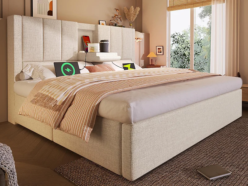 Gestoft opbergbed 160x200cm - met verborgen bekerhouder - met USB- en Type-C-poorten - met lattenbodem - Linnen - Beige (zonder matras)