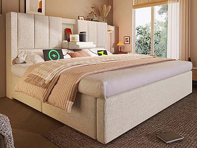 Cama estofada com armazenamento 160x200cm - com porta-copos oculto - com portas USB e Tipo-C - com somier de ripas - Linho - Bege (sem colchão)