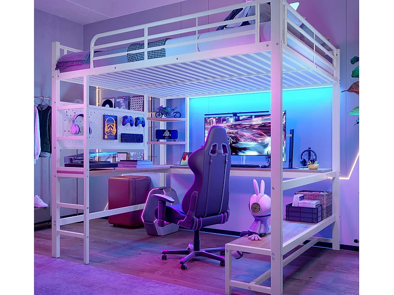 Hochbett 140x200cm - mit Schreibtisch + Schutzgitter - mit USB- + Typ-C-Anschlüssen - mit LED-Leiste - weiß