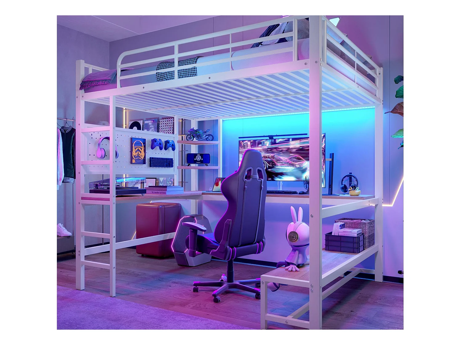 Hochbett 140x200cm - mit Schreibtisch + Schutzgitter - mit USB- + Typ-C-Anschlüssen - mit LED-Leiste - weiß