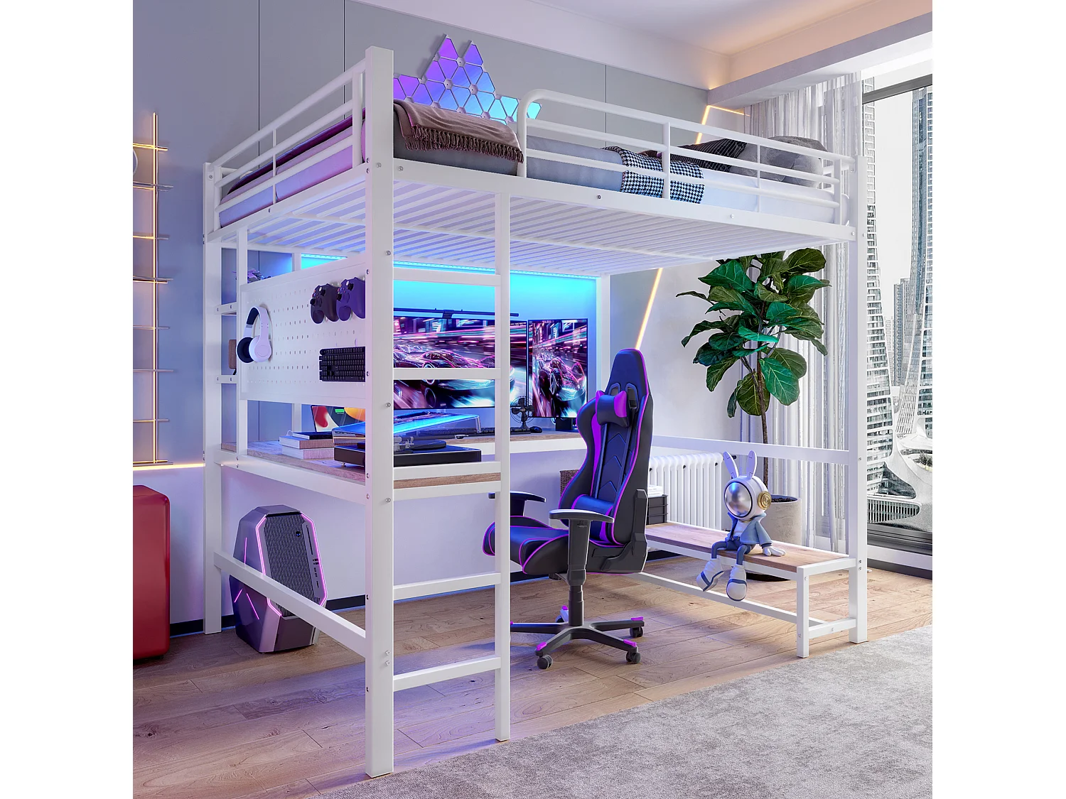 Hochbett 140x200cm - mit Schreibtisch + Schutzgitter - mit USB- + Typ-C-Anschlüssen - mit LED-Leiste - weiß