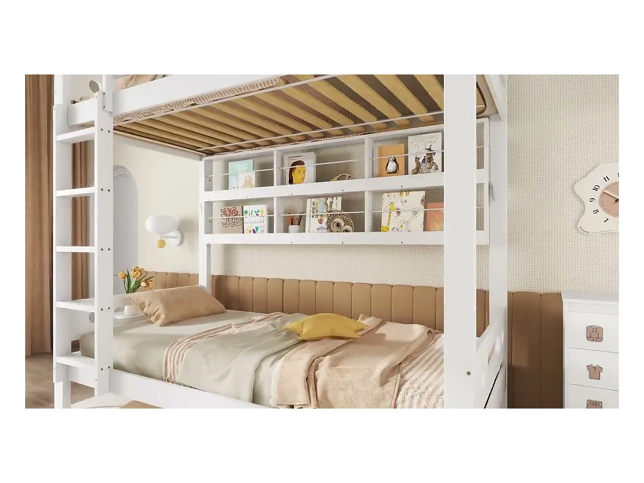 Lit superposé 90x200 cm - avec des étagères ouvertes - Bois massif + MDF - Blanc (sans matelas)