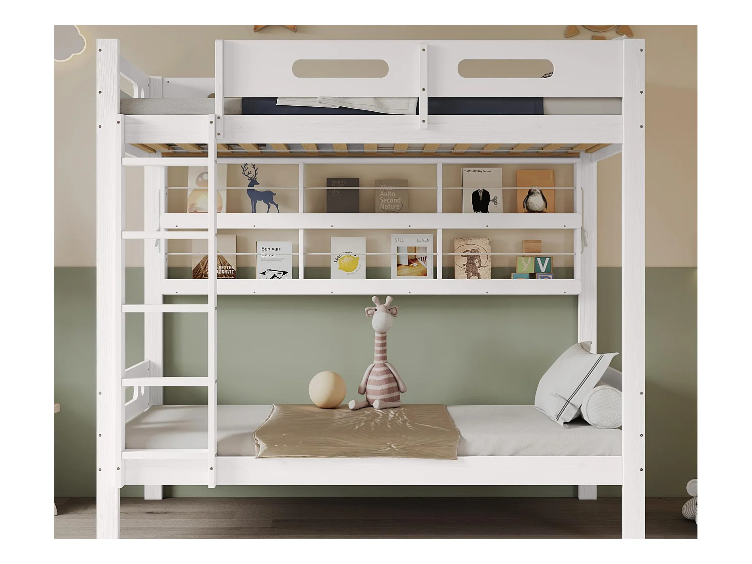 Stapelbed 90x200 cm - met open planken - Massief hout + MDF - Wit (zonder matras)