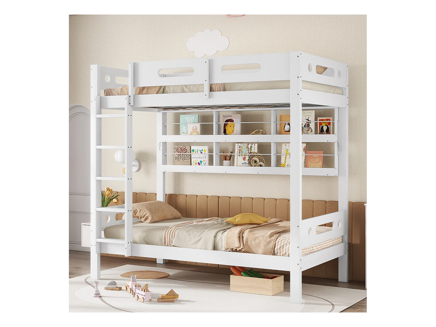 Stapelbed 90x200 cm - met open planken - Massief hout + MDF - Wit (zonder matras)