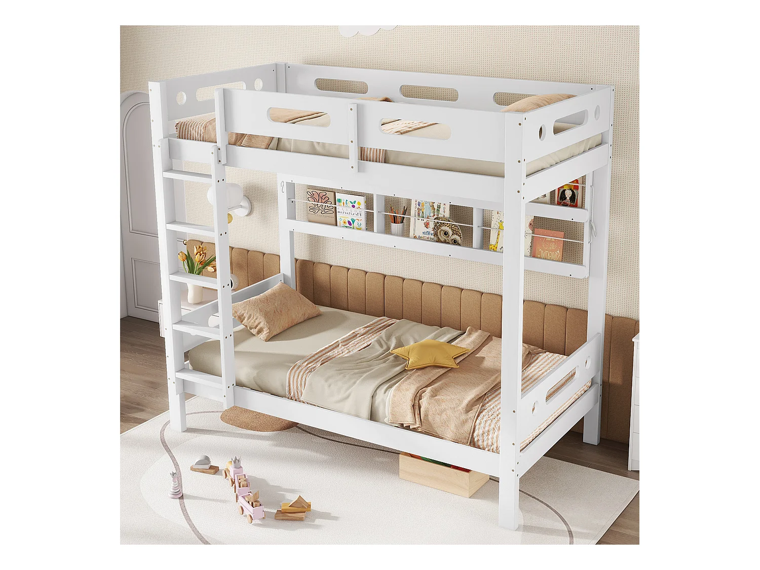 Stapelbed 90x200 cm - met open planken - Massief hout + MDF - Wit (zonder matras)