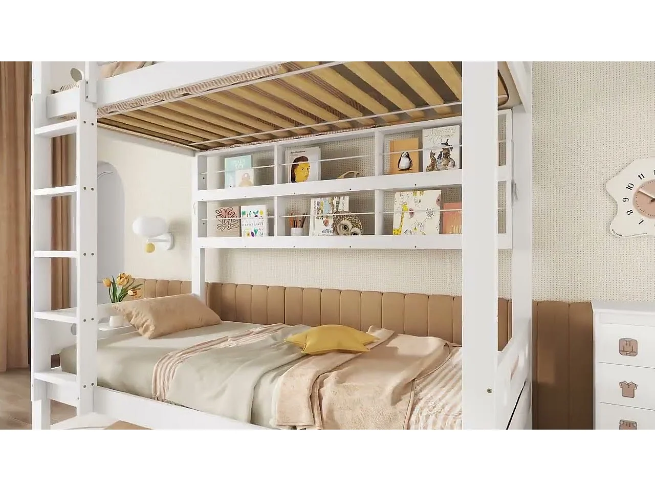 Lit superposé 90x200 cm - avec des étagères ouvertes - Bois massif + MDF - Blanc (sans matelas)