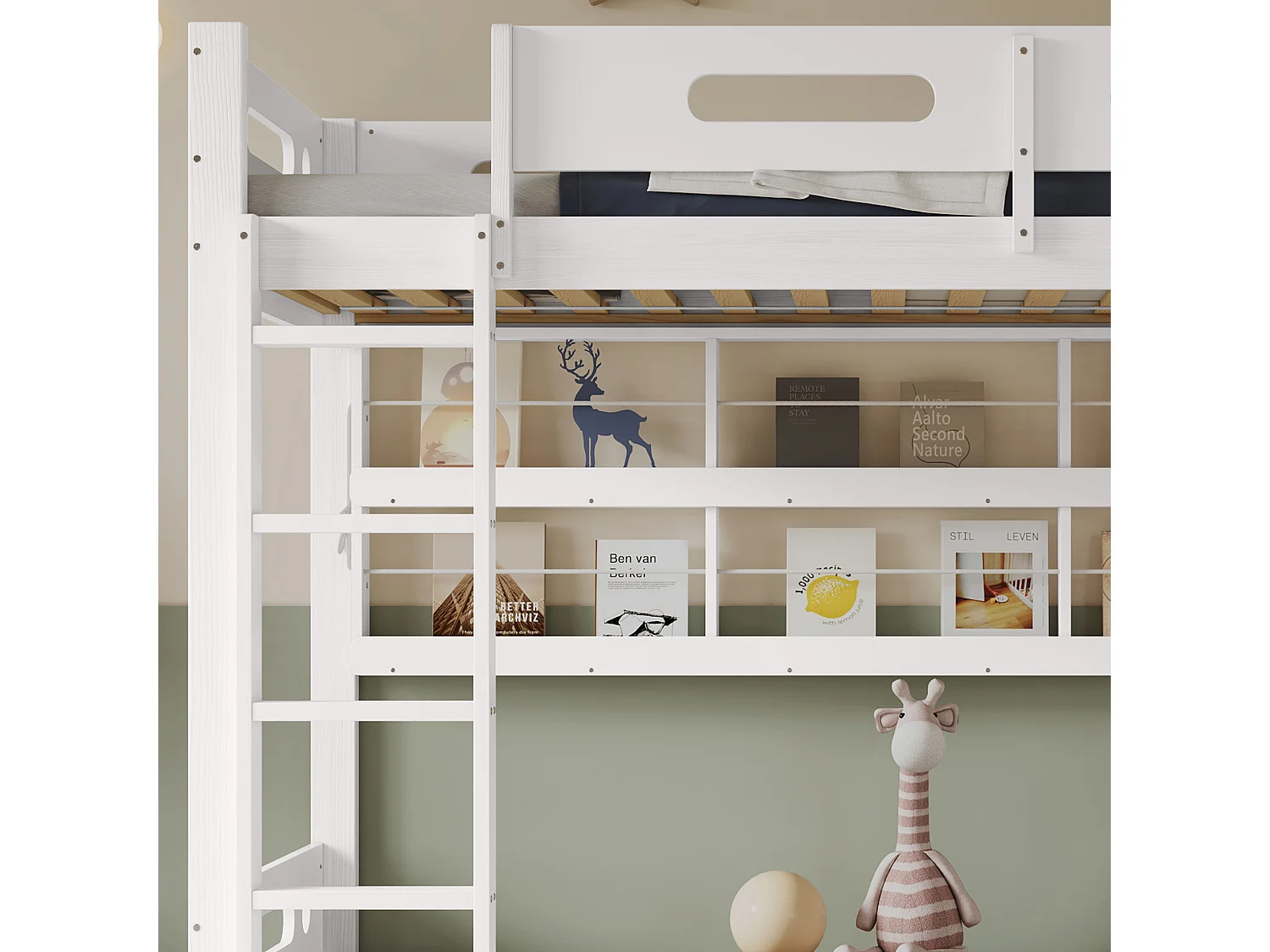Lit superposé 90x200 cm - avec des étagères ouvertes - Bois massif + MDF - Blanc (sans matelas)