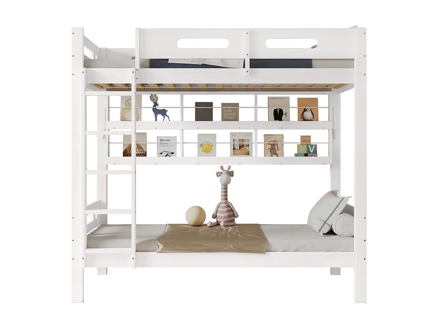 Lit superposé 90x200 cm - avec des étagères ouvertes - Bois massif + MDF - Blanc (sans matelas)