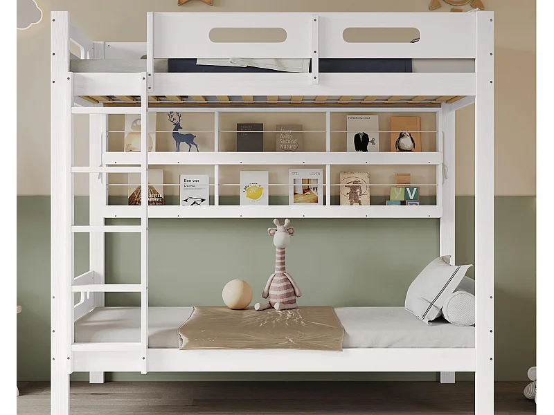 Lit superposé 90x200 cm - avec des étagères ouvertes - Bois massif + MDF - Blanc (sans matelas)