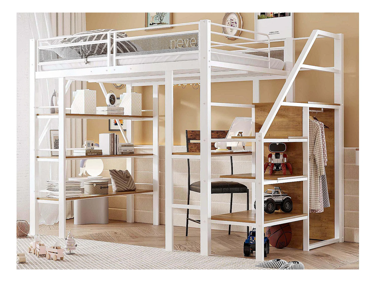 Hochbett aus Metall 140x200cm - mit einem Schreibtisch und Staufächern - Weiß