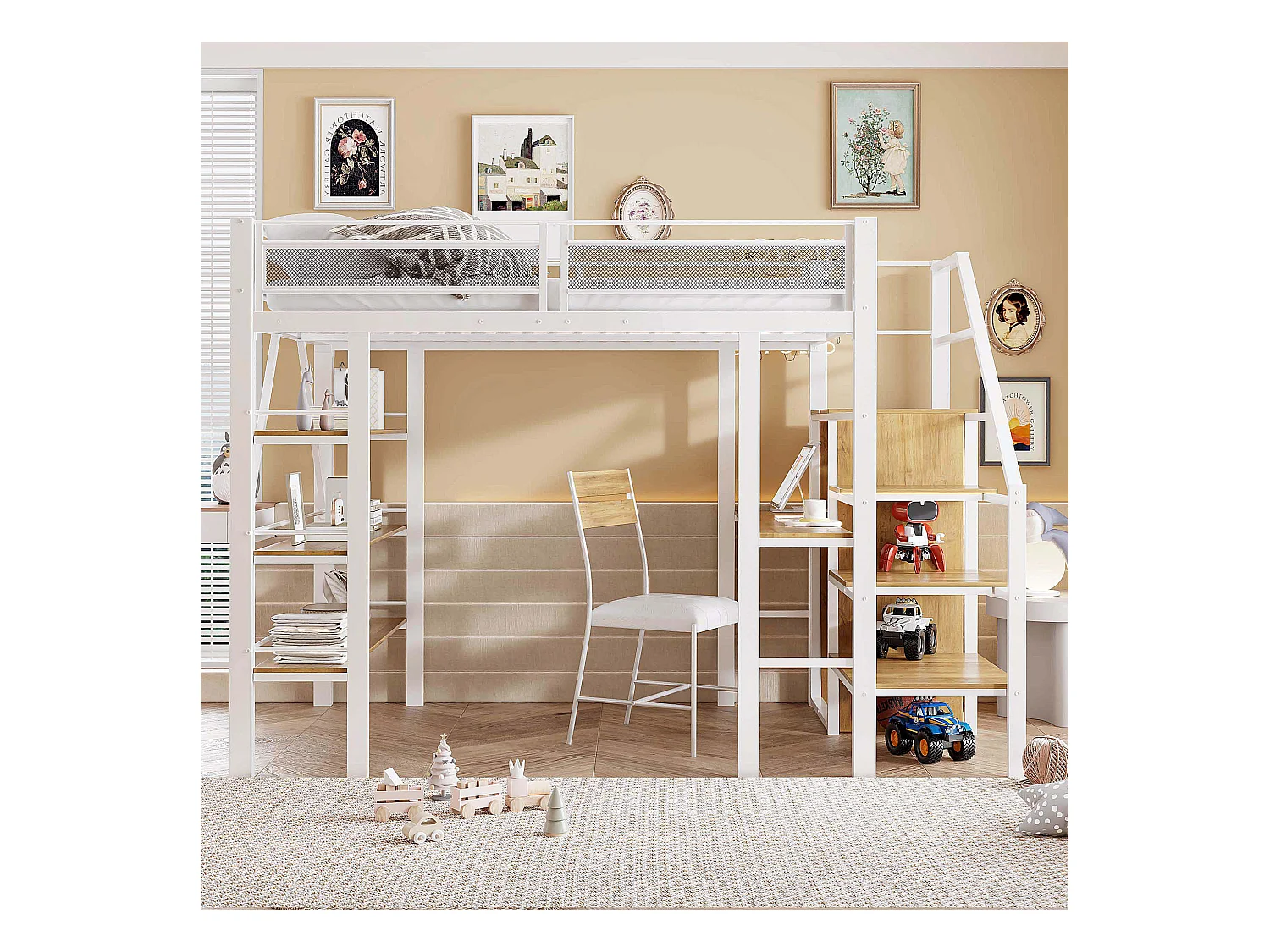 Hochbett aus Metall 140x200cm - mit einem Schreibtisch und Staufächern - Weiß