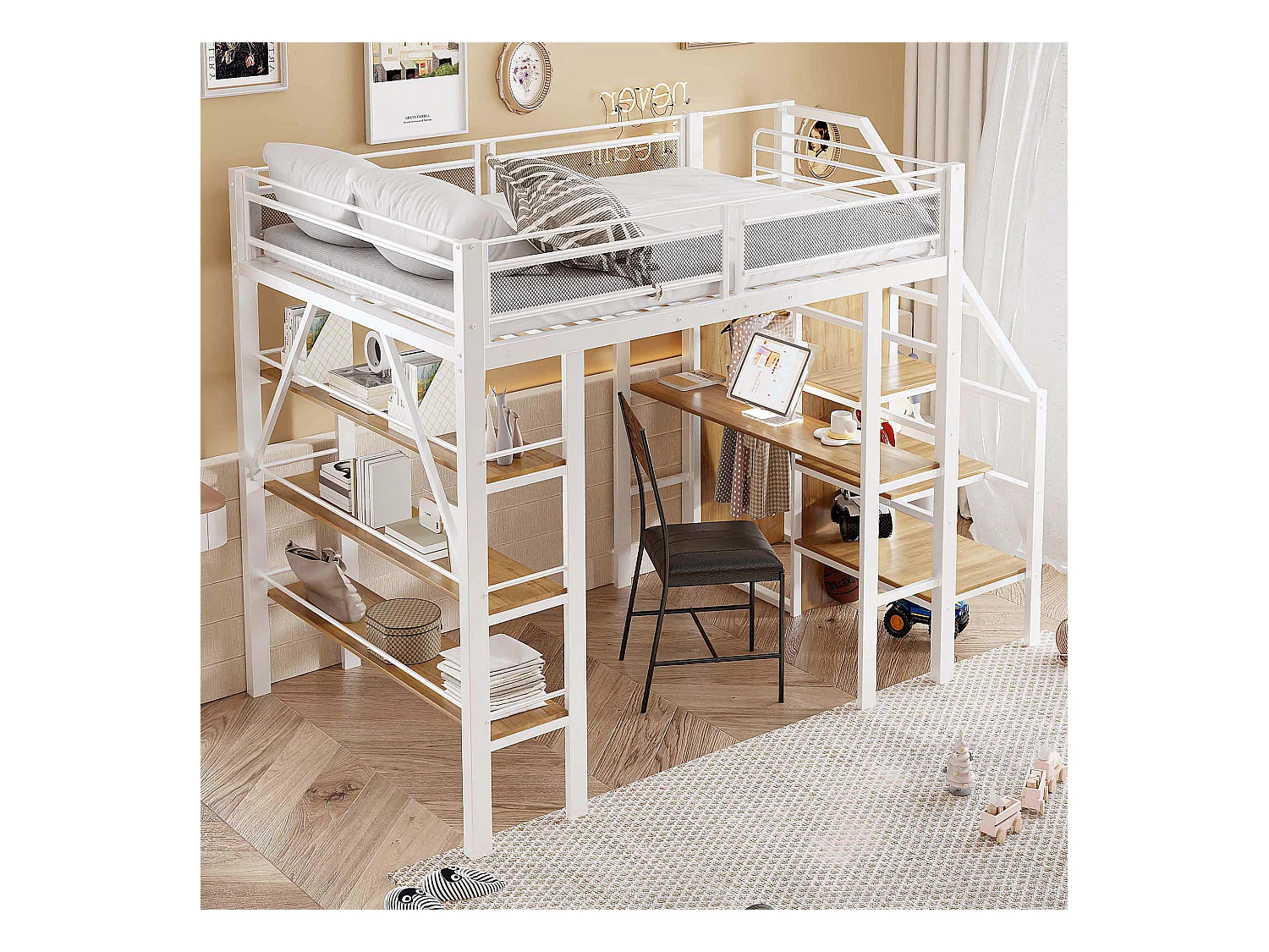 Hochbett aus Metall 140x200cm - mit einem Schreibtisch und Staufächern - Weiß