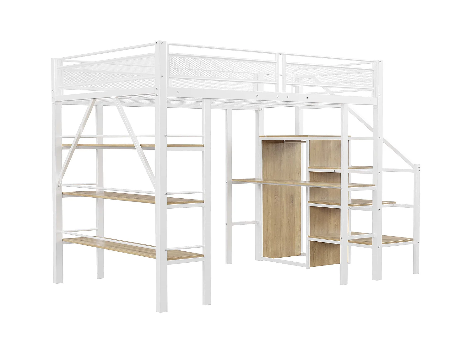 Hochbett aus Metall 140x200cm - mit einem Schreibtisch und Staufächern - Weiß