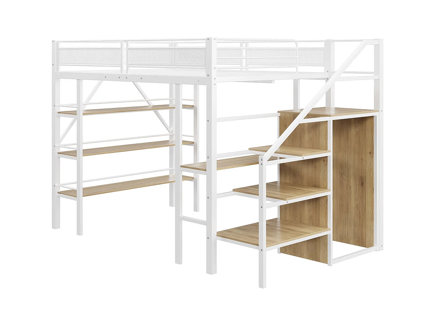 Hochbett aus Metall 140x200cm - mit einem Schreibtisch und Staufächern - Weiß