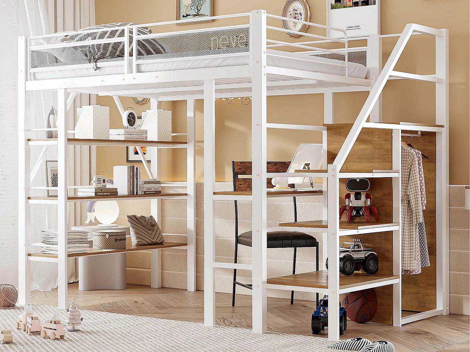 Lit mezzanine 140x200cm en métal - avec un bureau & compartiments de rangement - Blanc