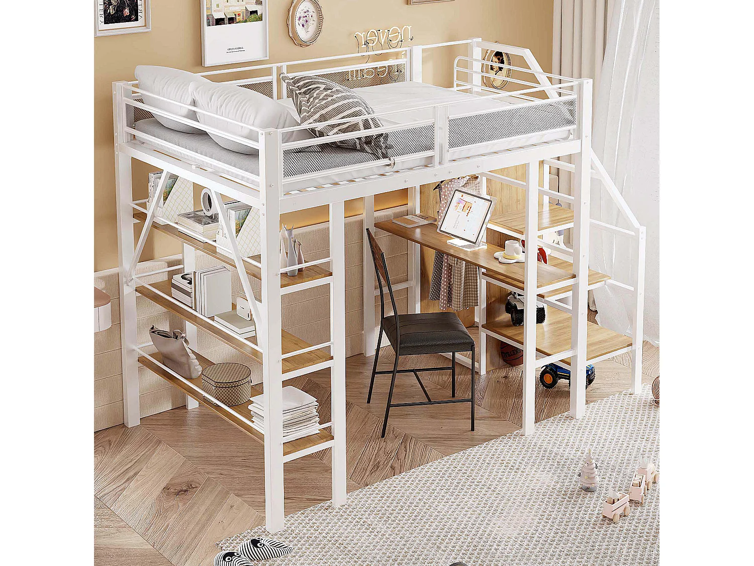 Lit mezzanine 140x200cm en métal - avec un bureau & compartiments de rangement - Blanc