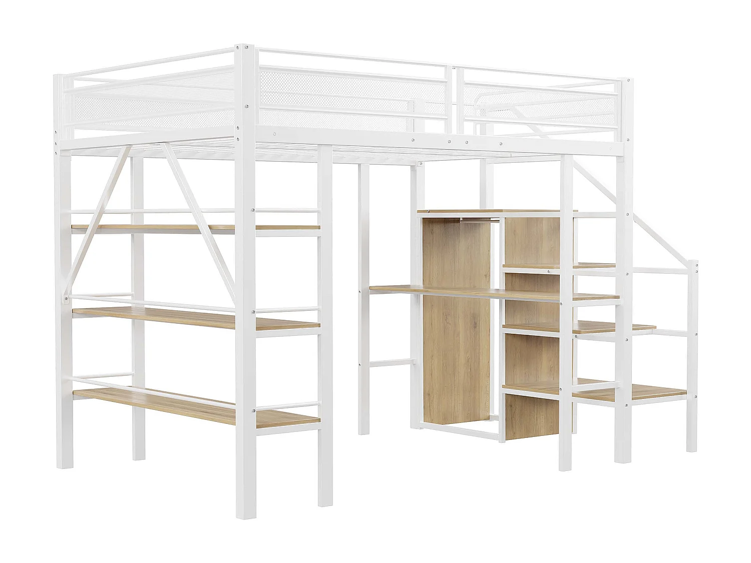 Lit mezzanine 140x200cm en métal - avec un bureau & compartiments de rangement - Blanc