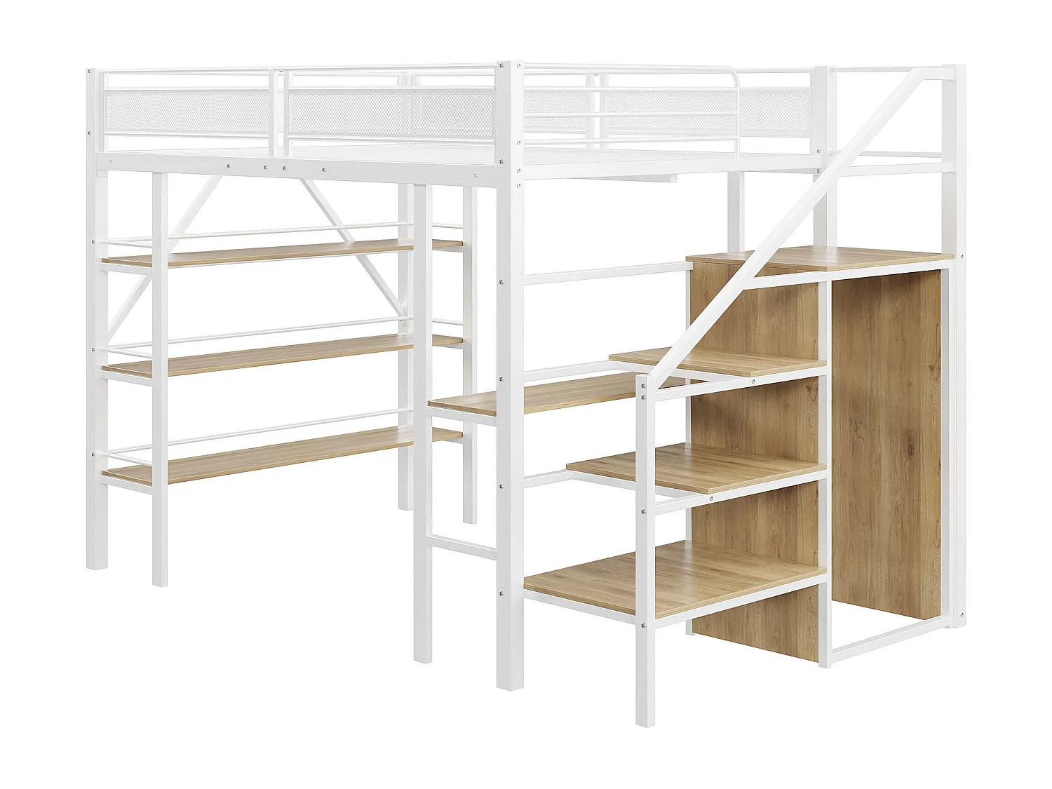 Lit mezzanine 140x200cm en métal - avec un bureau & compartiments de rangement - Blanc