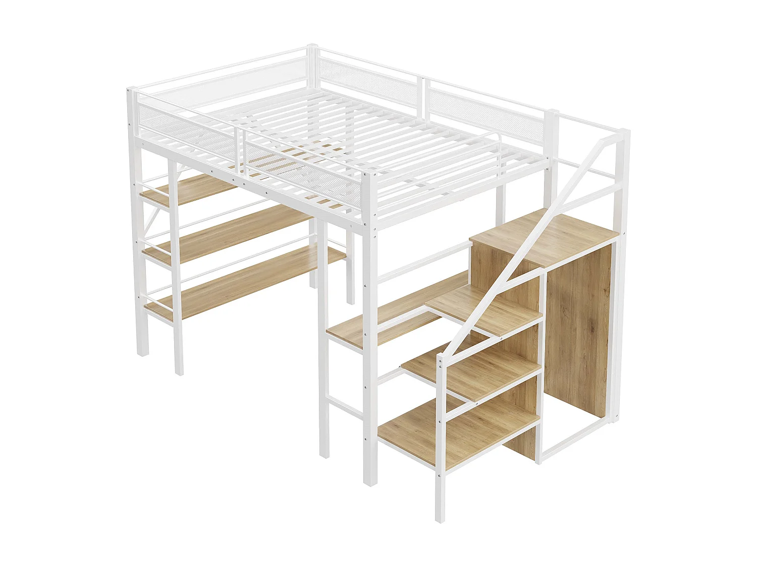 Lit mezzanine 140x200cm en métal - avec un bureau & compartiments de rangement - Blanc