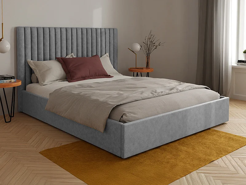 Lit coffre 120 x 190 cm avec tête de lit coutures verticales - Tissu – Gris - SARAH