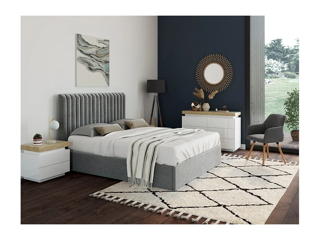 Lit coffre 120 x 190 cm avec tête de lit coutures verticales - Tissu – Gris - SARAH