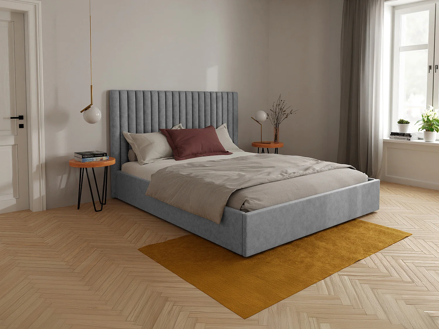 Lit coffre 120 x 190 cm avec tête de lit coutures verticales - Tissu – Gris - SARAH