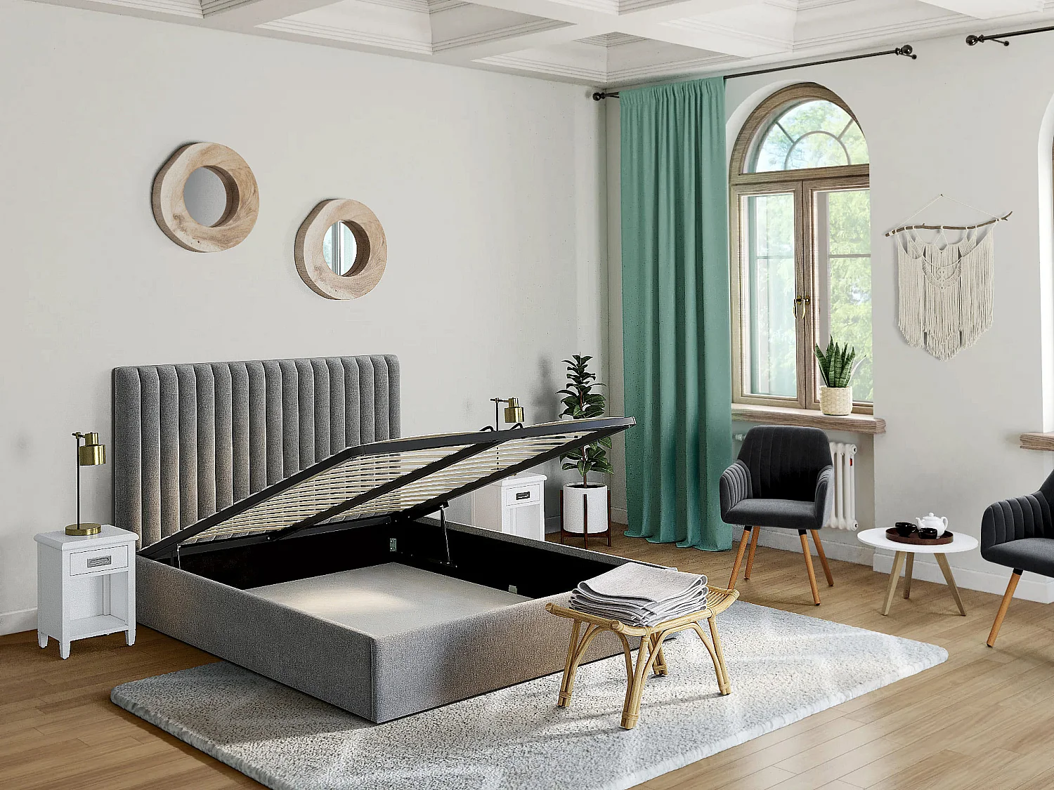 Lit coffre 120 x 190 cm avec tête de lit coutures verticales - Tissu – Gris - SARAH