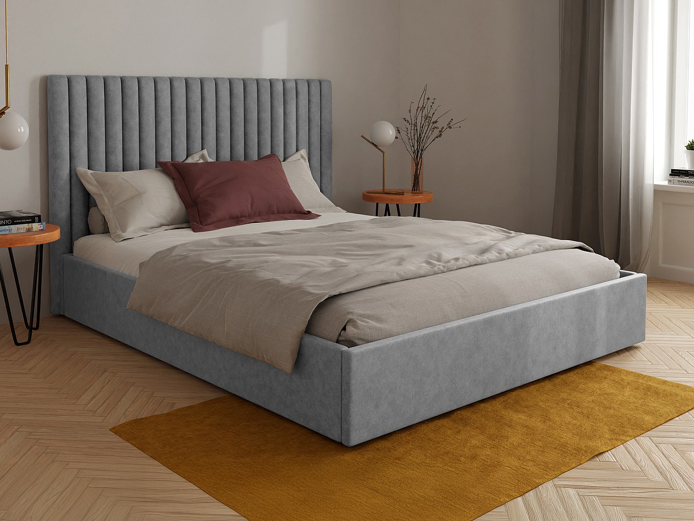 Lit Coffre 120 X 190 Cm Avec T te De Lit Coutures Verticales Tissu Gris 
