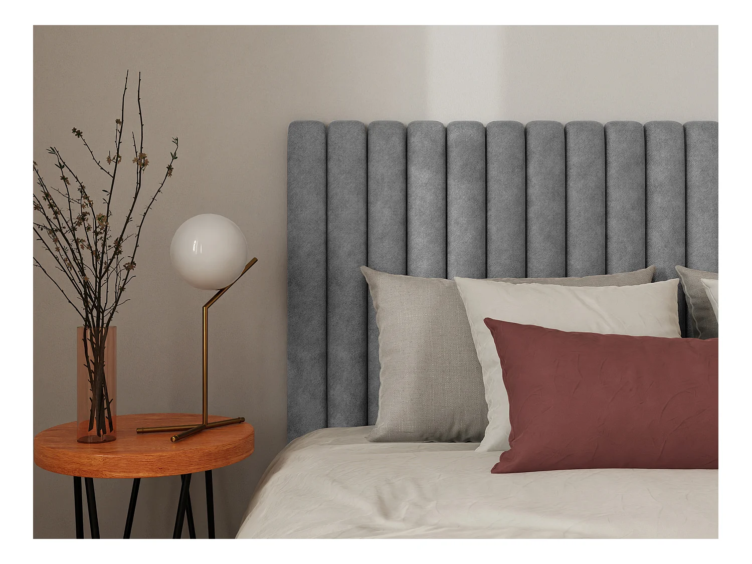 Lit coffre 120 x 190 cm avec tête de lit coutures verticales - Tissu – Gris + Matelas - SARAH