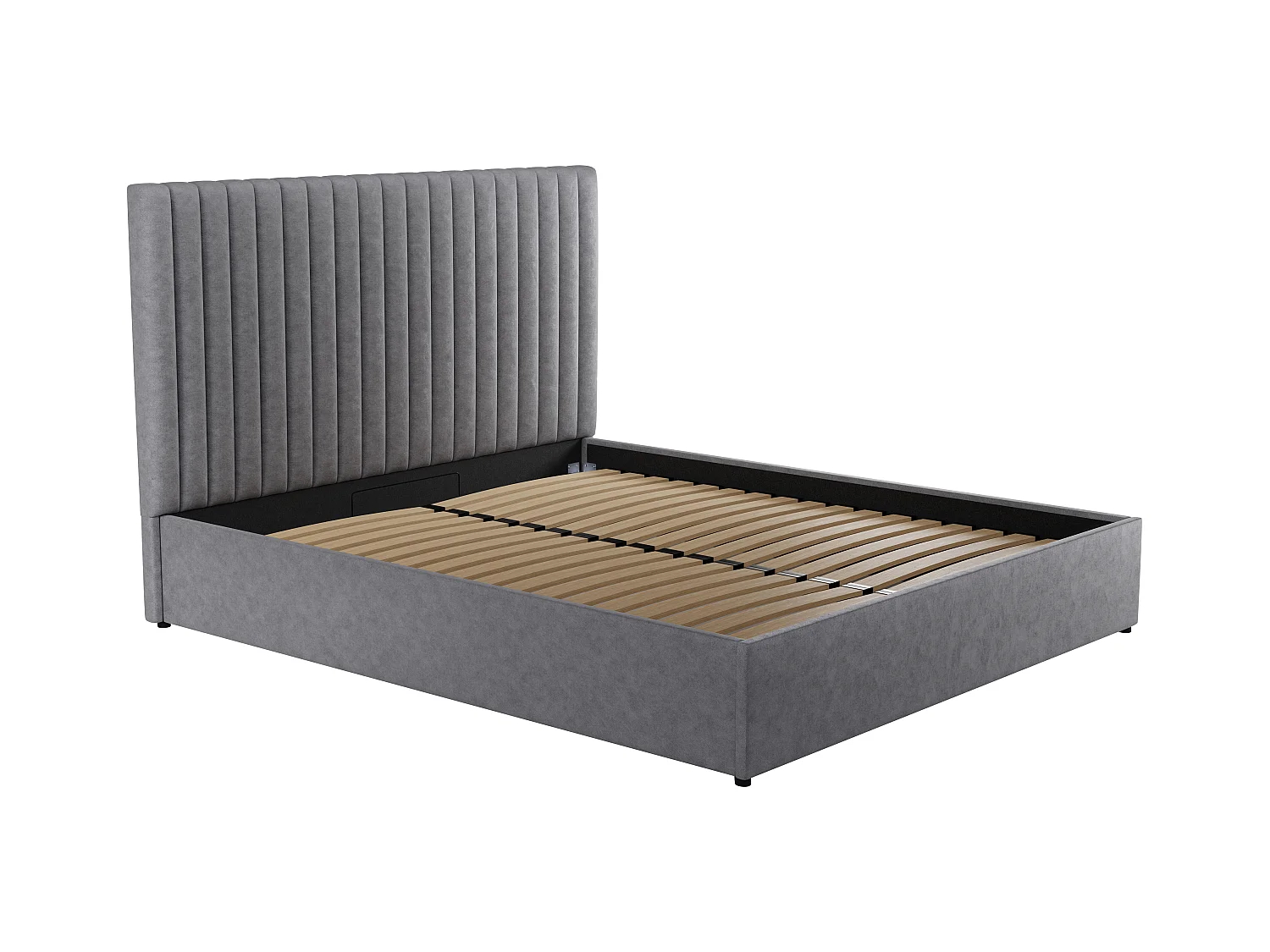 Lit coffre 120 x 190 cm avec tête de lit coutures verticales - Tissu – Gris + Matelas - SARAH