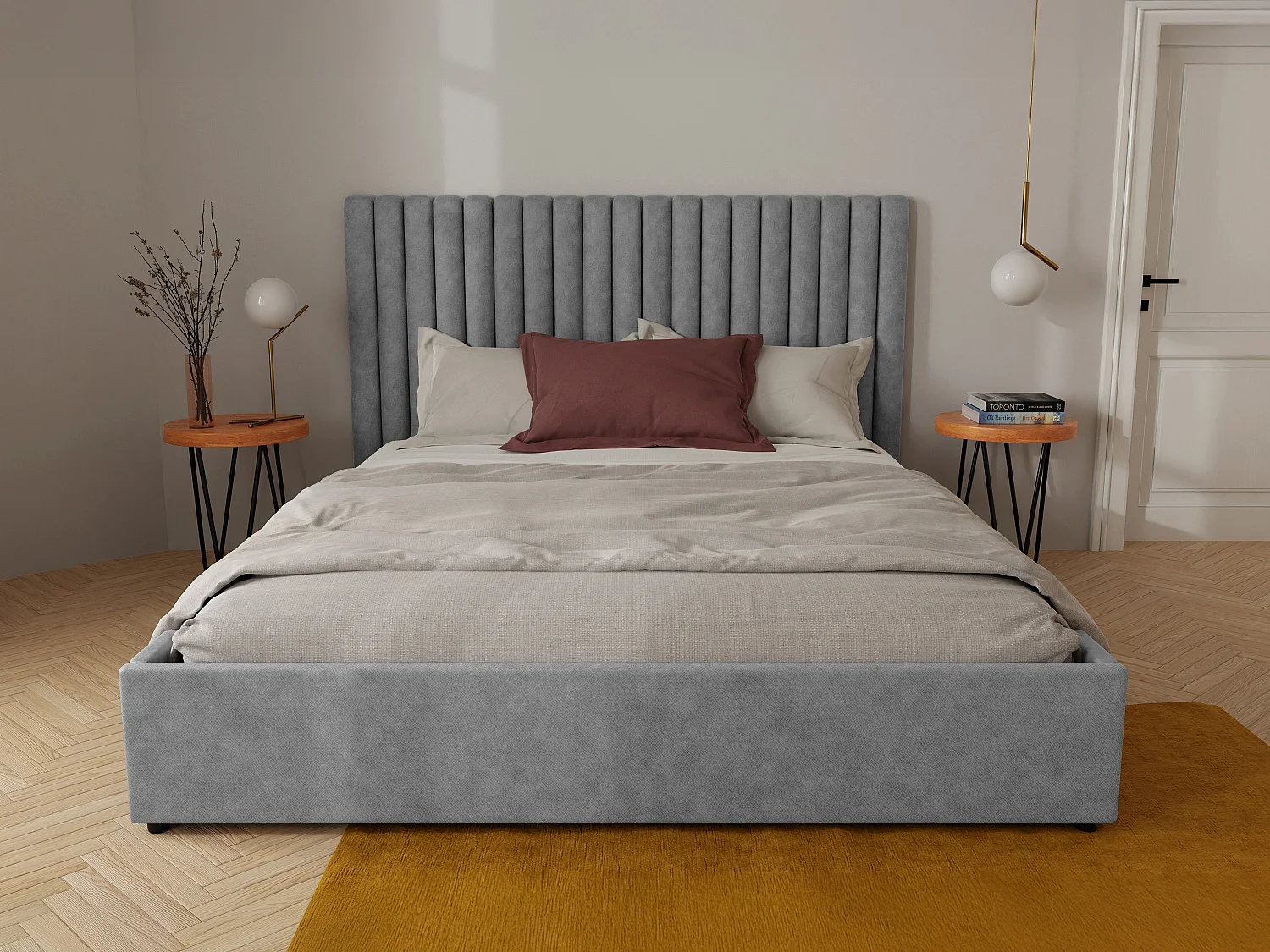 Bett mit Bettkasten - 120 x 190 cm mit Kopfteil mit vertikalen Nähten - Stoff – Grau + Matratze - SARAH