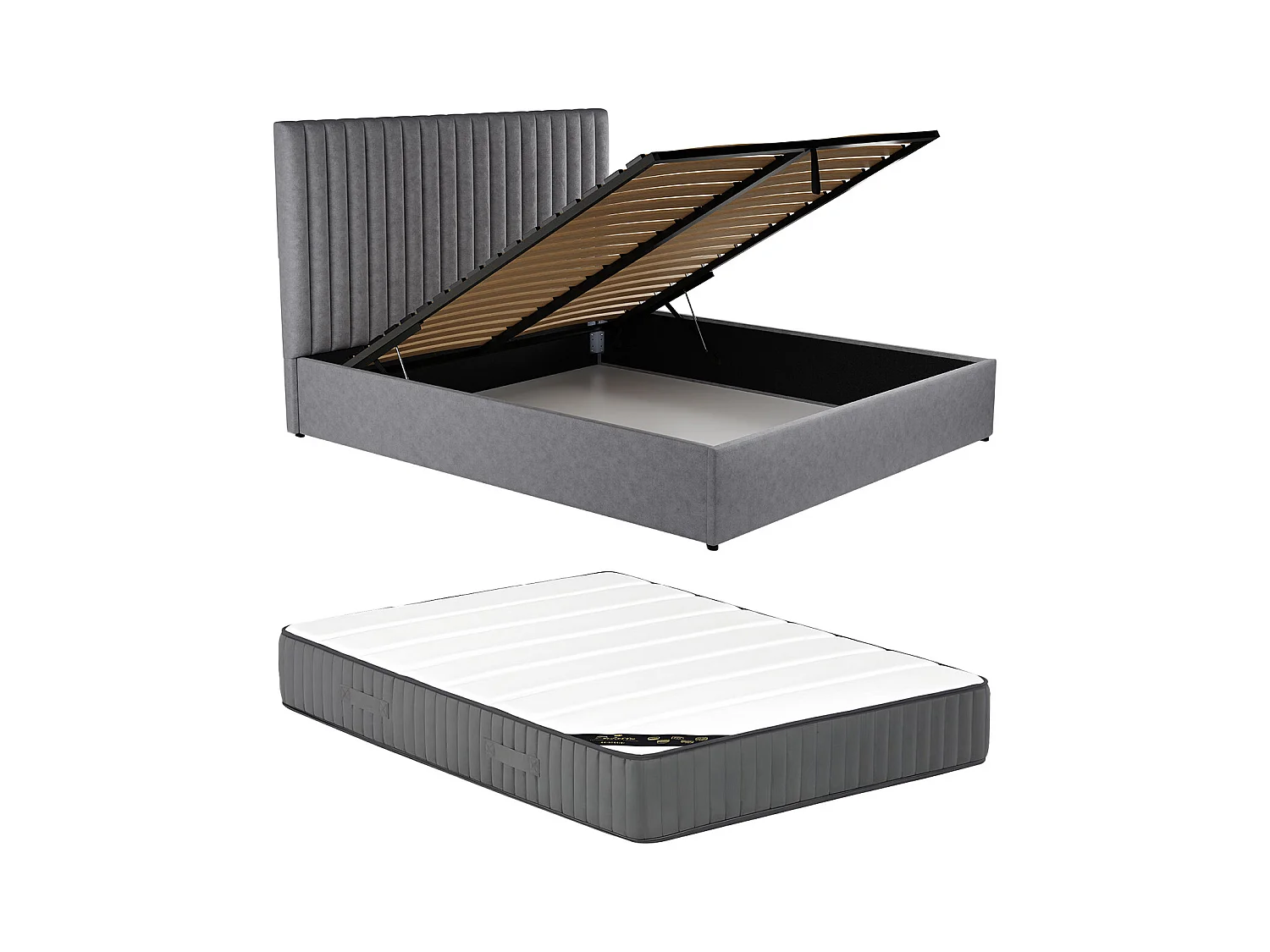 Lit coffre 120 x 190 cm avec tête de lit coutures verticales - Tissu – Gris + Matelas - SARAH