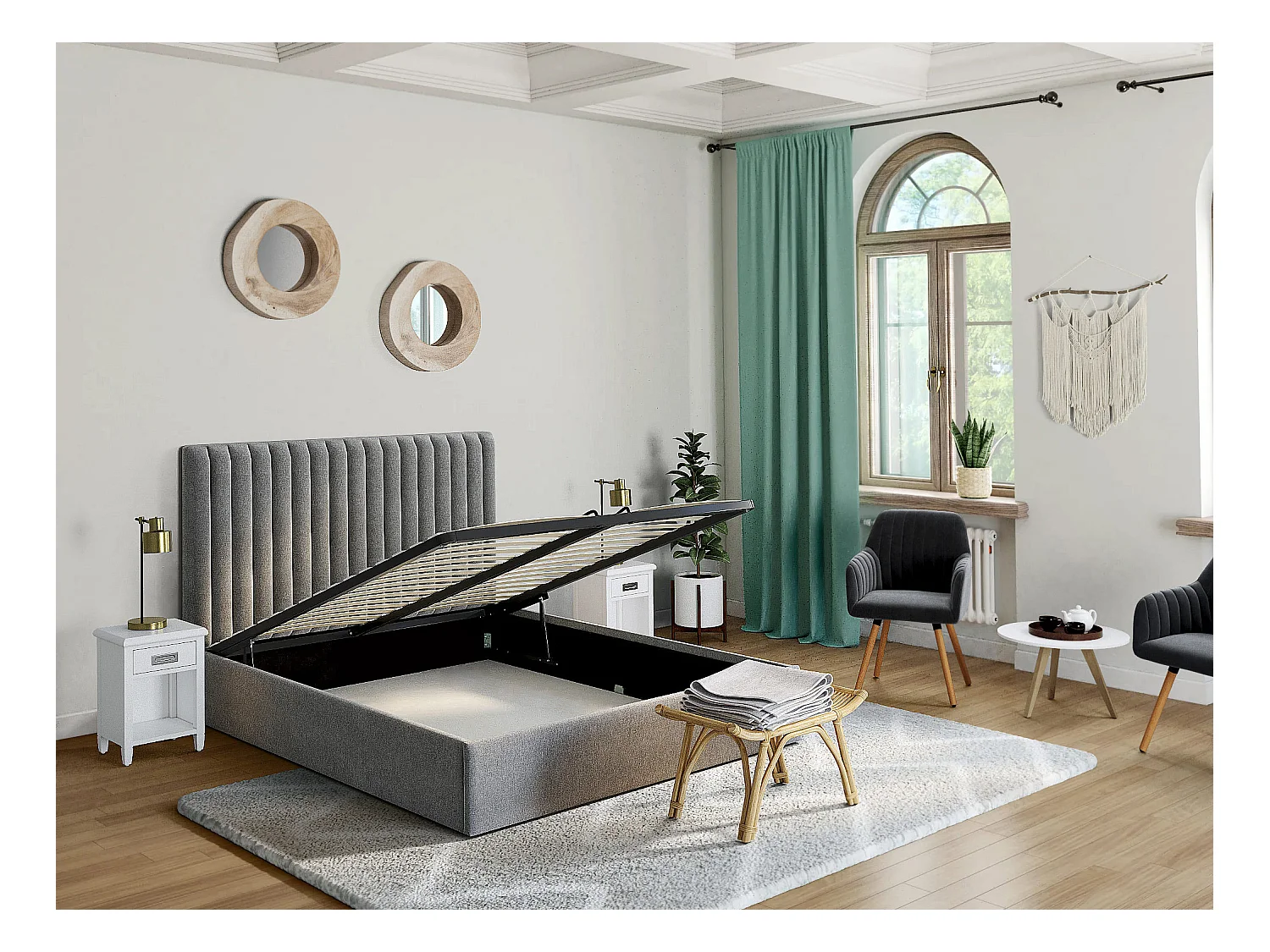 Lit coffre 120 x 190 cm avec tête de lit coutures verticales - Tissu – Gris + Matelas - SARAH