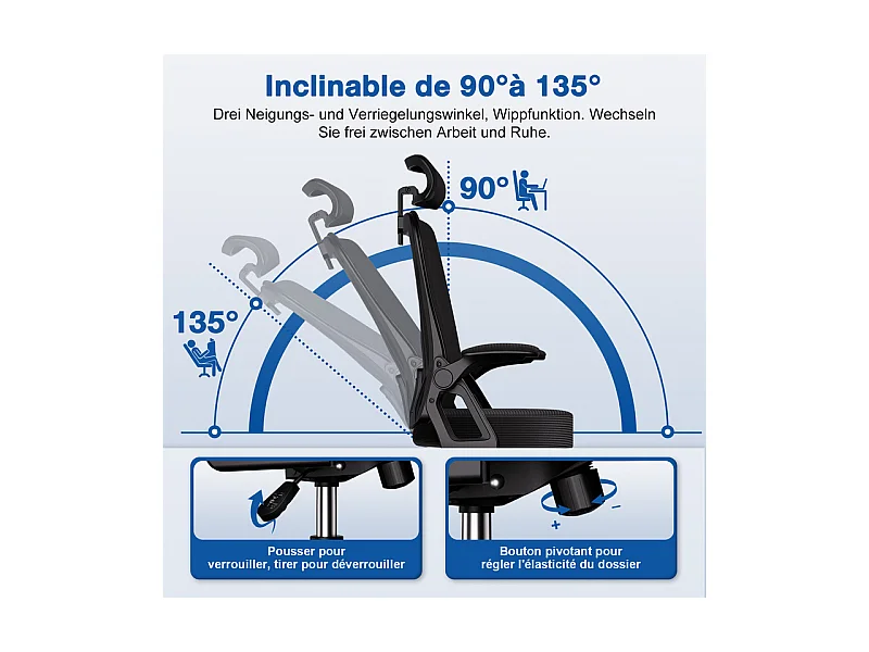 Chaise de bureau,Fauteuil de bureau,Capacité De Charge De 150 Kg,Accoudoirs réglables en hauteur Et Soutien Du Dossier Réglable