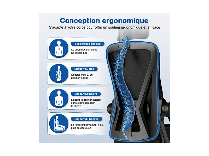 Chaise de bureau,Fauteuil de bureau,Capacité De Charge De 150 Kg,Accoudoirs réglables en hauteur Et Soutien Du Dossier Réglable