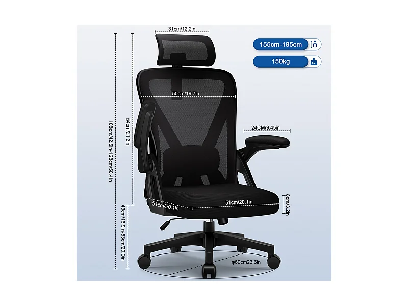 Chaise de bureau,Fauteuil de bureau,Capacité De Charge De 150 Kg,Accoudoirs réglables en hauteur Et Soutien Du Dossier Réglable