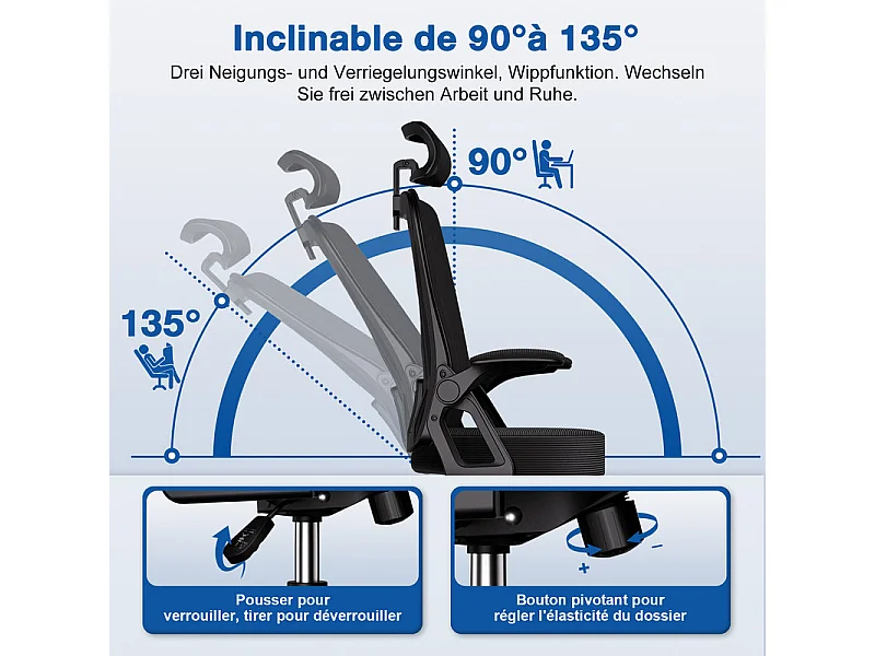 Chaise de bureau,Fauteuil de bureau,Capacité De Charge De 150 Kg,Accoudoirs réglables en hauteur Et Soutien Du Dossier Réglable