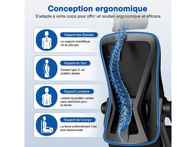Chaise de bureau,Fauteuil de bureau,Capacité De Charge De 150 Kg,Accoudoirs réglables en hauteur Et Soutien Du Dossier Réglable