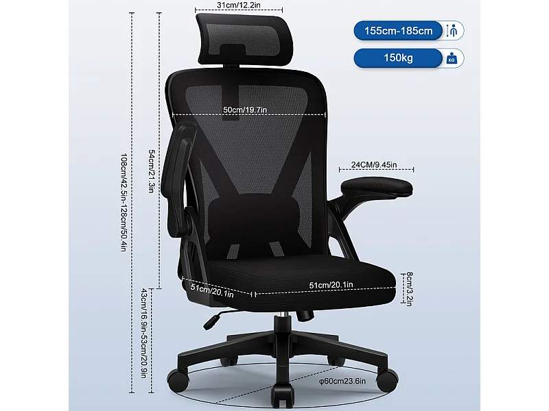 Chaise de bureau,Fauteuil de bureau,Capacité De Charge De 150 Kg,Accoudoirs réglables en hauteur Et Soutien Du Dossier Réglable