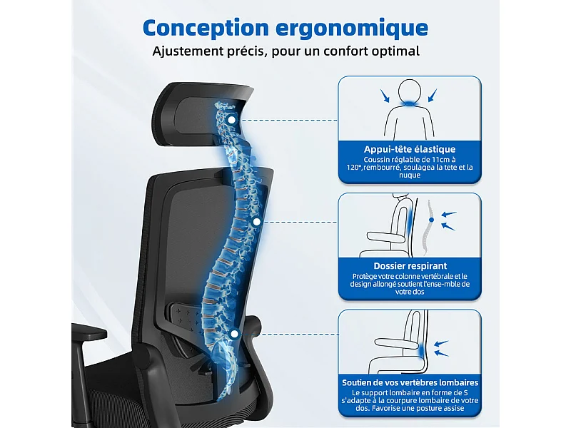 Chaise de bureau,Fauteuil de bureau,Capacité De Charge De 150 Kg,Accoudoirs réglables en hauteur Et Soutien Du Dossier Réglable