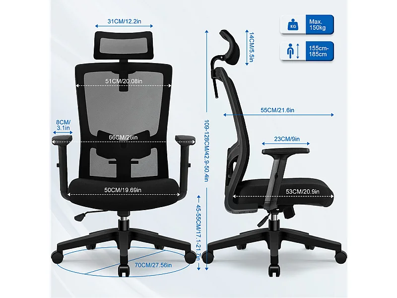 Chaise de bureau,Fauteuil de bureau,Capacité De Charge De 150 Kg,Accoudoirs réglables en hauteur Et Soutien Du Dossier Réglable
