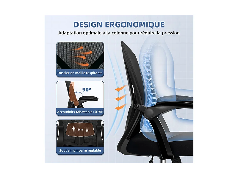 Chaise de bureau,Fauteuil de bureau,Accoudoirs Rabattables À 90°Et